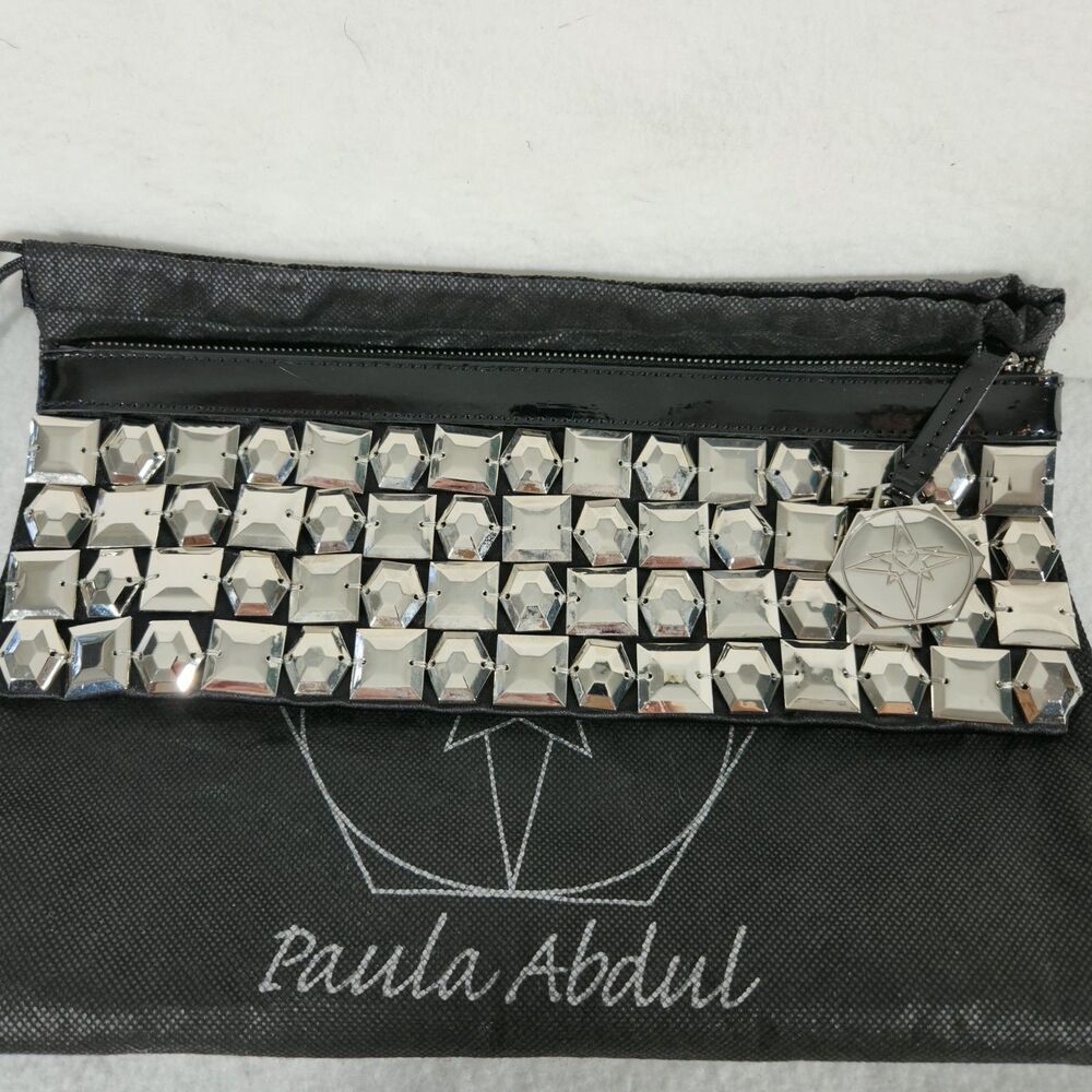 Forever Your Girl by Paula Abdul Silver Studded Clutch Bag Black Patent Zip
